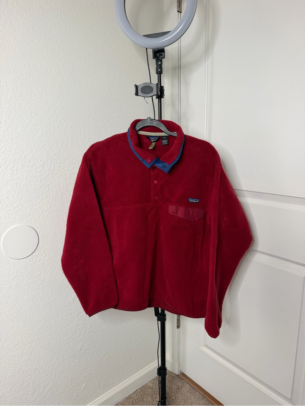 Patagonia Men's Deep Red Snap-Placket Fleece with Blue Trim Collar